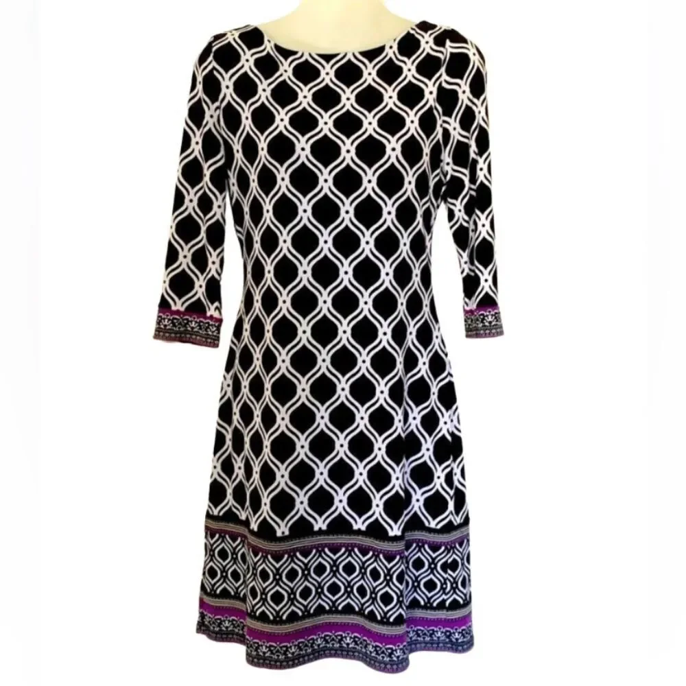 White House Black Market Black White Geometric Shift Dress Purple Trim — XS